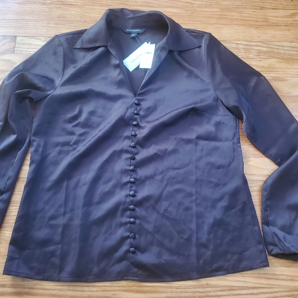 Banana Republic Satin Elegant Brown Button-Up Shirt Womens Sz XS New